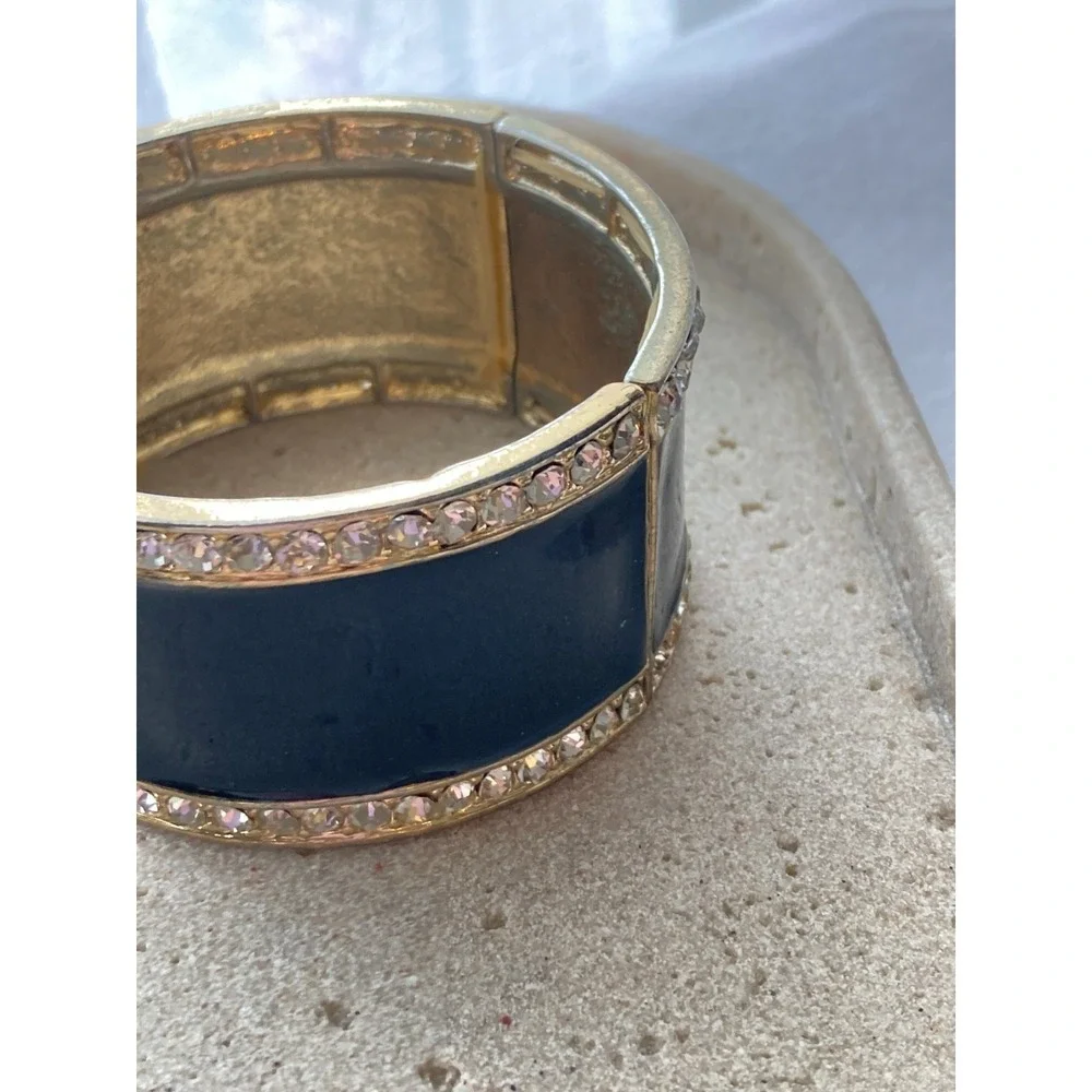 Wide Stretch Clamper Cuff Bracelet Black Enamel Gold Tone Rhinestone Trim Chunky